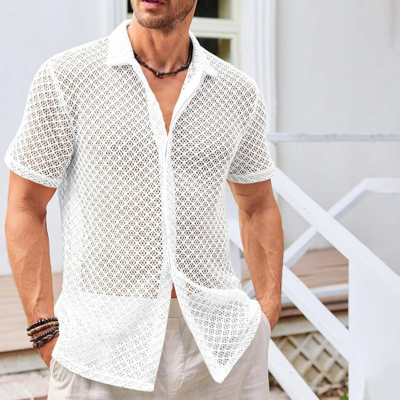 Men Summer Beach Mesh Short Sleeve Shirt