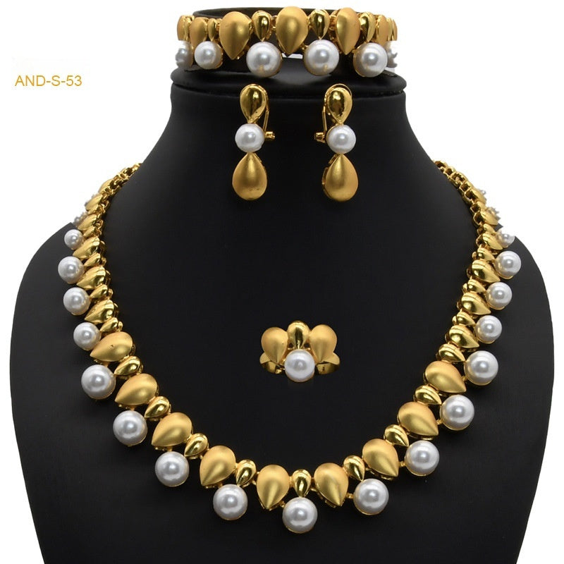 Women Four-piece Set Pearl Necklace Ring Earring Bracelet