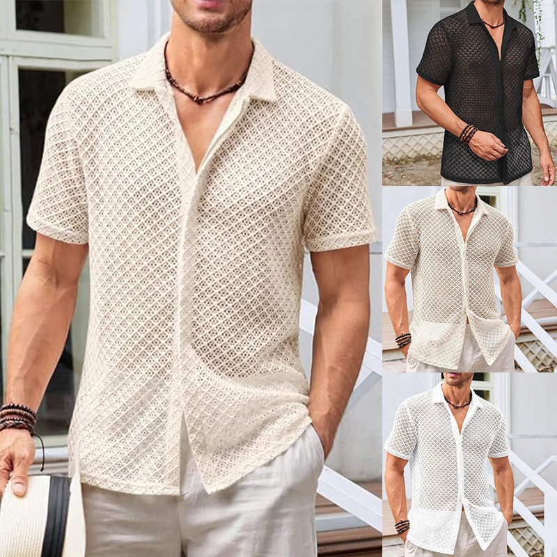 Men Summer Beach Mesh Short Sleeve Shirt