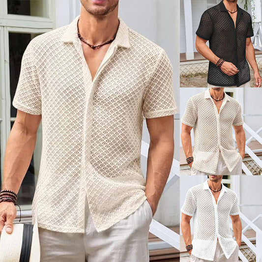 Men Summer Beach Mesh Short Sleeve Shirt