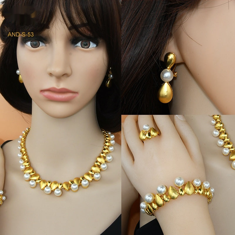 Women Four-piece Set Pearl Necklace Ring Earring Bracelet