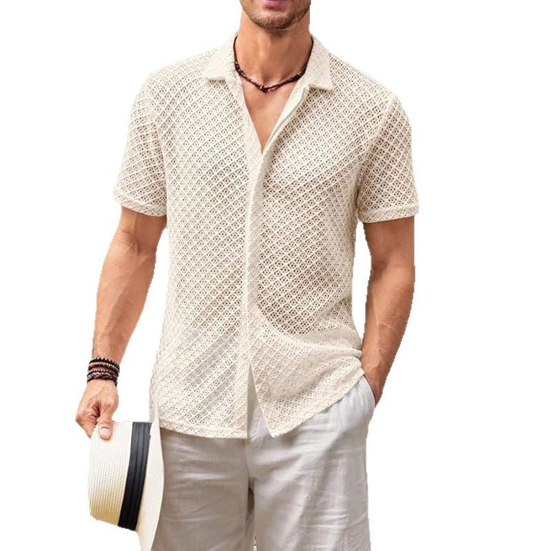 Men Summer Beach Mesh Short Sleeve Shirt