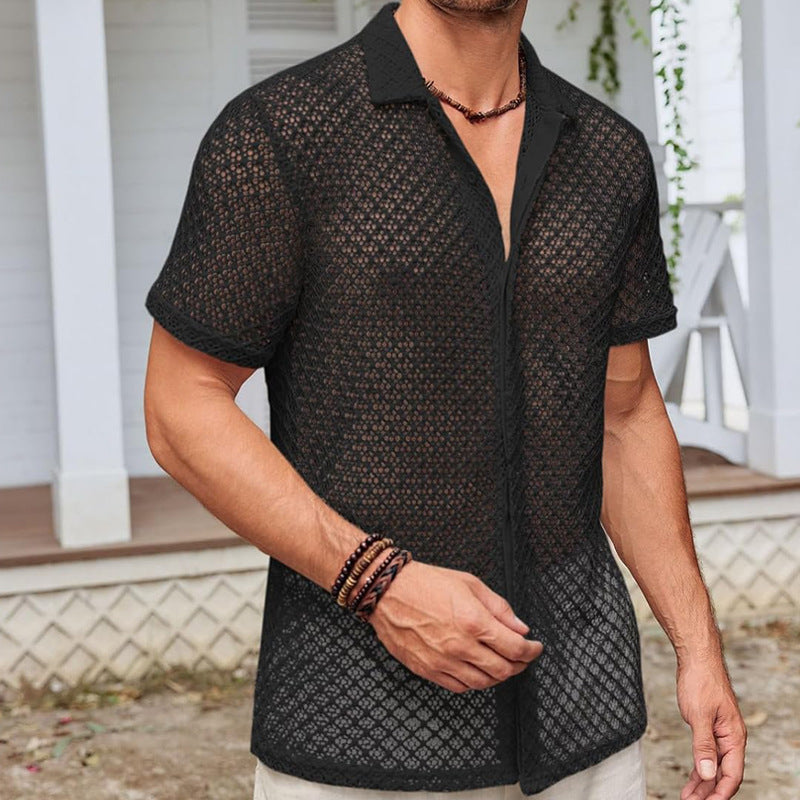 Men Summer Beach Mesh Short Sleeve Shirt
