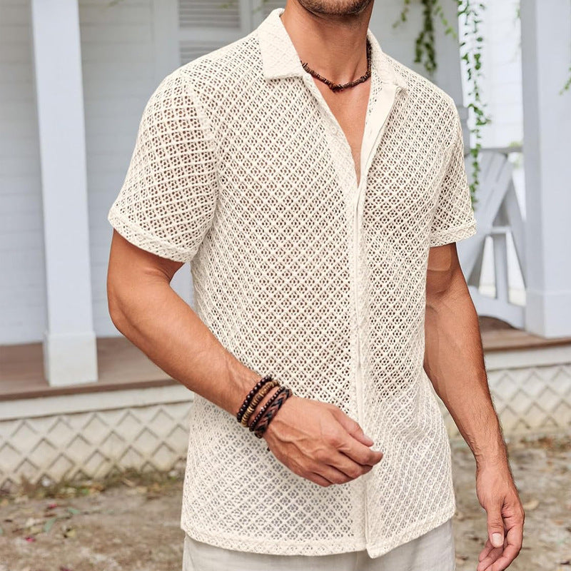 Men Summer Beach Mesh Short Sleeve Shirt